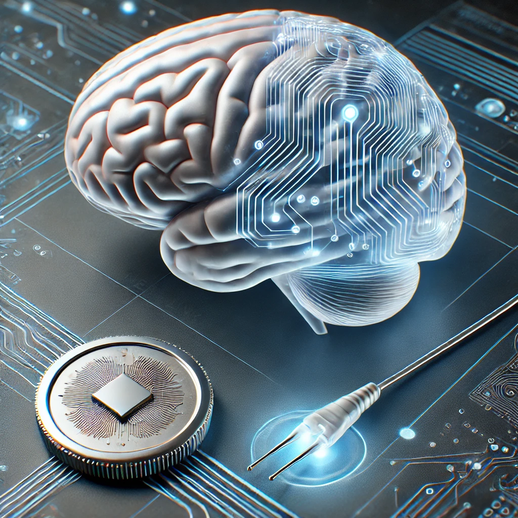 A futuristic, high-tech illustration of Neuralink's concept: a human brain connected to a small, coin-sized neural implant device. The implant is shown attached to thin, flexible electrodes embedded into the brain tissue, with data lines representing wireless communication. The background features a sleek, digital design with glowing circuitry patterns symbolizing the interface between human brain signals and computer systems. The style is clean, modern, and tech-inspired with a blue and silver color palette.